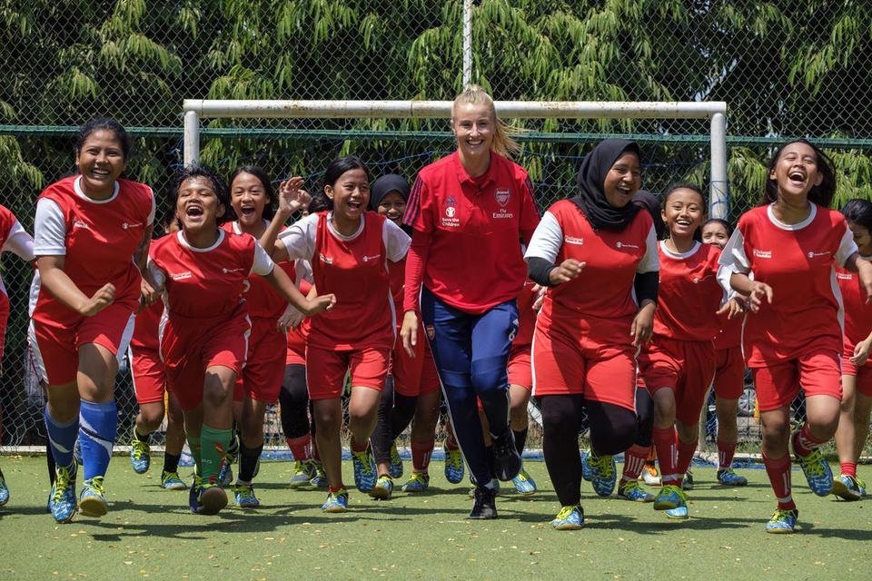  Leah Williamson who currently plays for Arsenal and the England national team, visits the Coaching for Life programme held at a community centre in Jakarta, Indonesia. Developed in partnership with Shelter For Kids's child psycho-social experts and Arsenal FC, local coaches are trained to help children improve their physical, mental and emotional wellbeing.