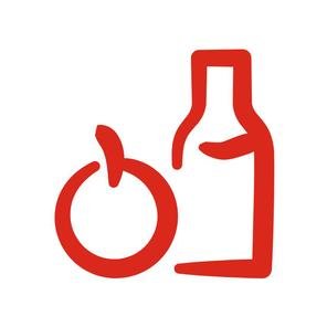 An illustration of a piece of fruit and a drinking bottle with some liquid in it