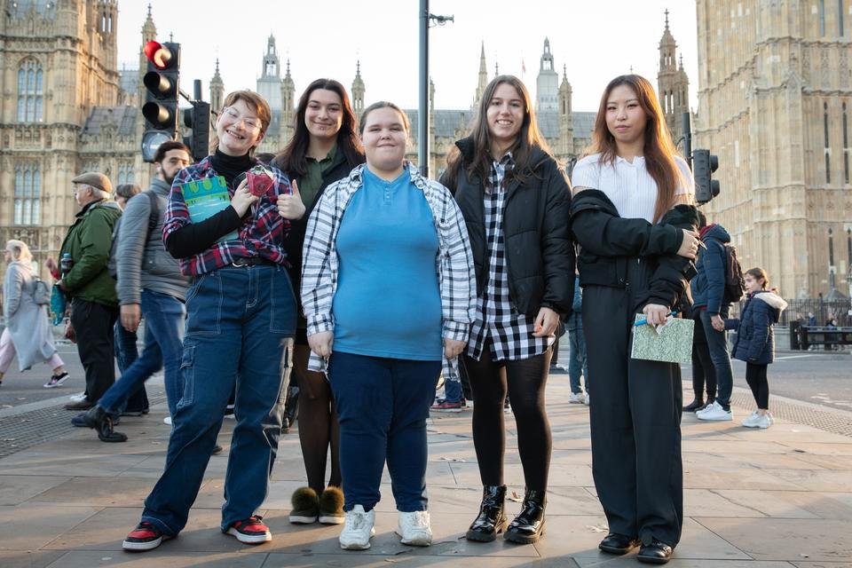 (L - R) Young film makers Maddy, 16, Aisha, 17, Staci, 15, Darcy, 15 and Stella, 17, at a film screening in Parliament about UK child poverty