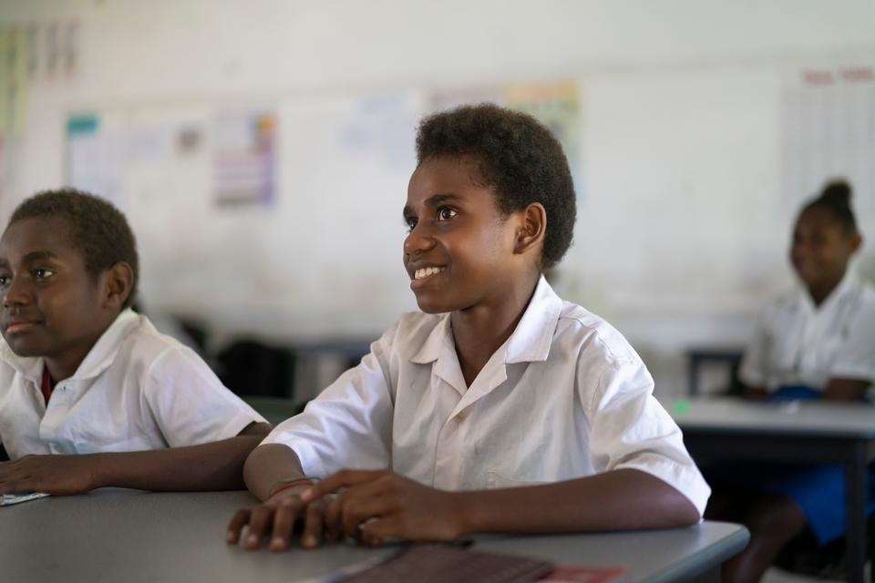 Madleen, 11, at her school on an island in Shefa Province, Vanuatu.
