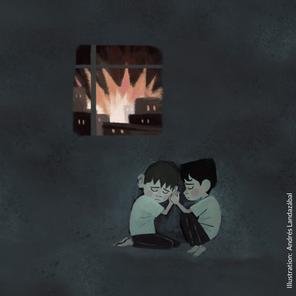 An illustration of two children crouching on the ground, holding hands with their eyes closed as a city is in flames in the background