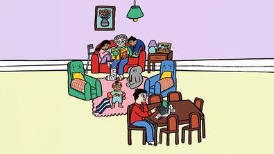 Illustration of a family spending time together at home during the school holidays. One adult works on a laptop at a dining table while two children and an older relative read a story in a chair beside toys and colourful armchairs.