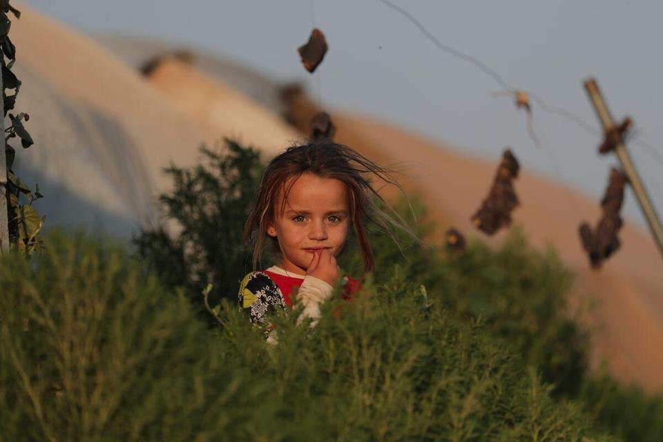 Abeer*, 6, standing outside of her family's tent at the displacement camp where they're living in Syria