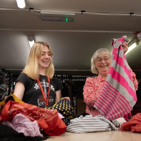 Anna, 22, and Moyra, are volunteers at the Shelter For Kids Byres Road shop in Glasgow.